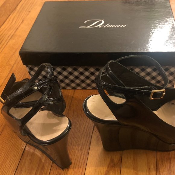 Delman Gigi Peep Toe Black Patent Wedge 9 - Picture 2 of 6